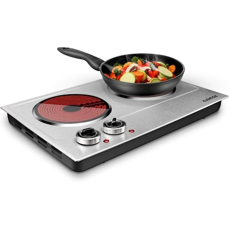 Cusimax 1800W Electric Double Burner, Cast Iron Hot Plate, Silver CMHP-B201S